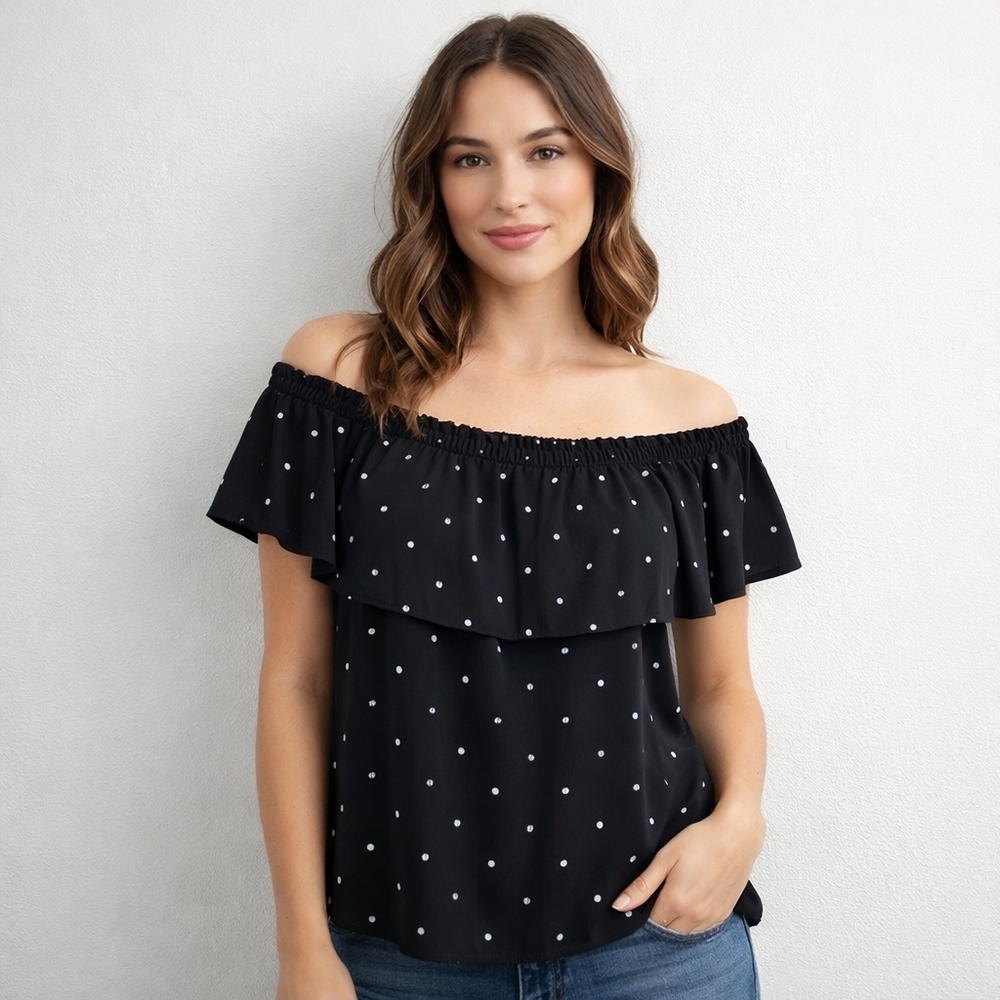 90s Y2K International Concepts Beaded Off Shoulder Top Black Polka Dot Ruffle